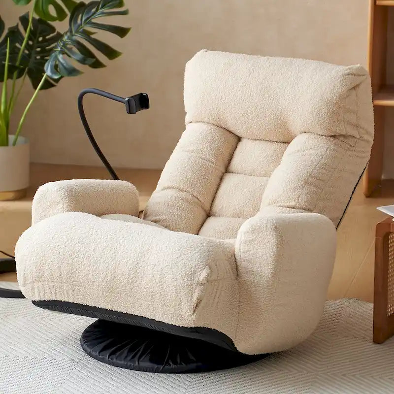 Poltrona reclinabile girevole in bouclé beige, regolabile in 5 posizioni, sedile singolo con portacellulare