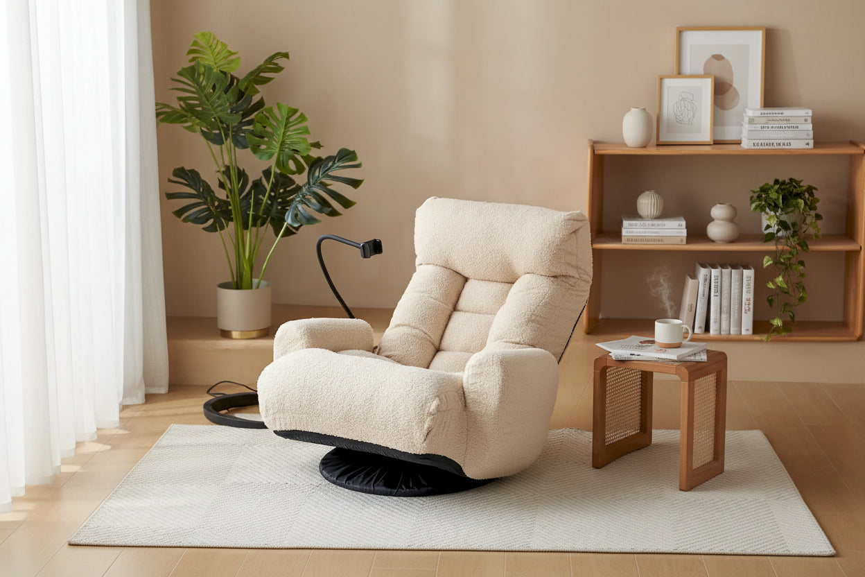 Beige Boucle Swivel Recliner with Phone Holder, Adjustable Headrest, and Backrest