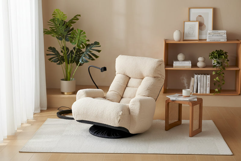 Beige Boucle Swivel Recliner with Phone Holder, Adjustable Headrest, and Backrest