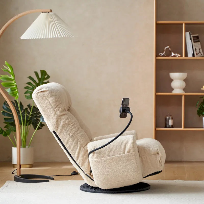 Poltrona reclinabile girevole in bouclé beige, regolabile in 5 posizioni, sedile singolo con portacellulare