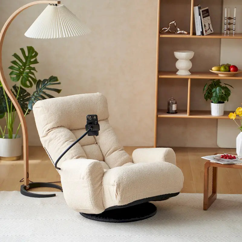 Poltrona reclinabile girevole in bouclé beige, regolabile in 5 posizioni, sedile singolo con portacellulare