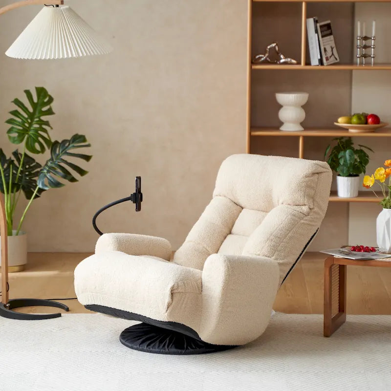 Poltrona reclinabile girevole in bouclé beige, regolabile in 5 posizioni, sedile singolo con portacellulare
