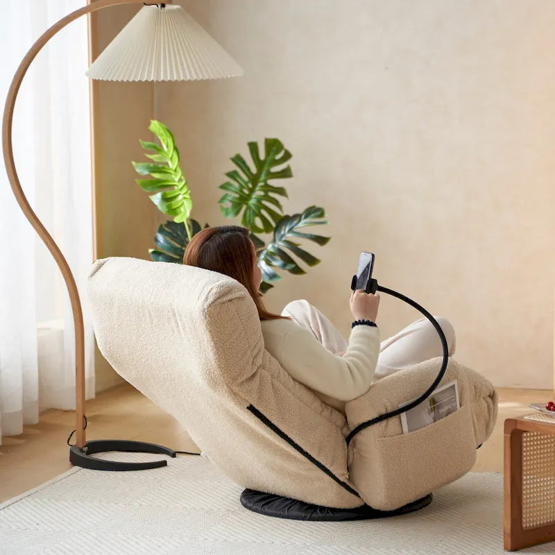 Poltrona reclinabile girevole in bouclé beige, regolabile in 5 posizioni, sedile singolo con portacellulare