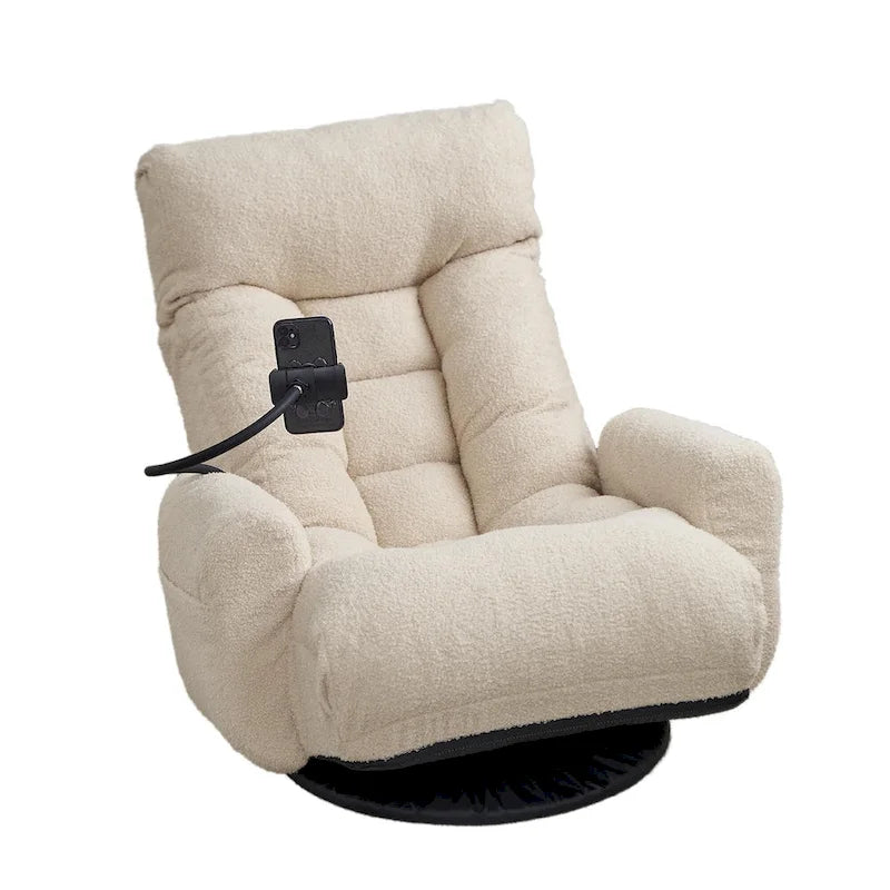 Poltrona reclinabile girevole in bouclé beige, regolabile in 5 posizioni, sedile singolo con portacellulare