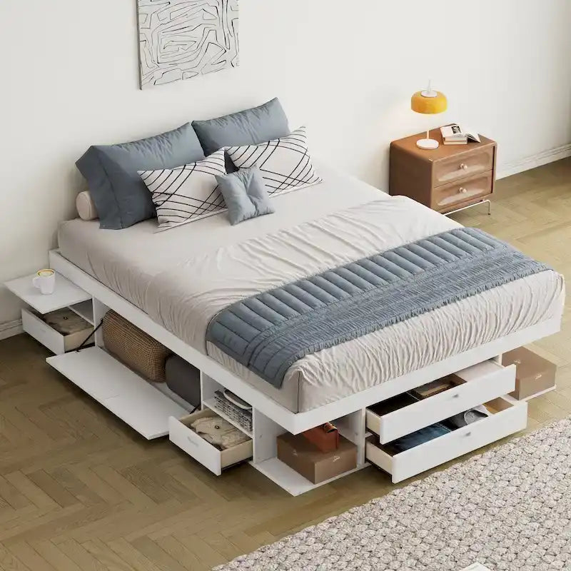Letto a piattaforma Queen bianco con cassetti contenitore, ripiani aperti e vassoi estraibili