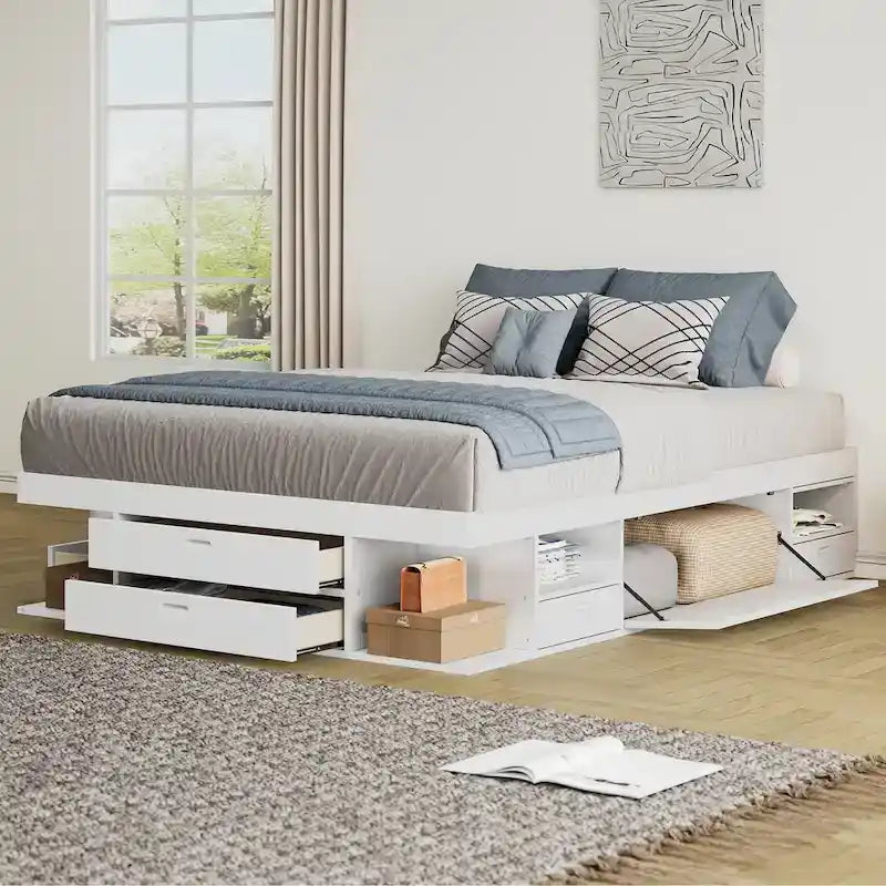 Letto a piattaforma Queen bianco con cassetti contenitore, ripiani aperti e vassoi estraibili