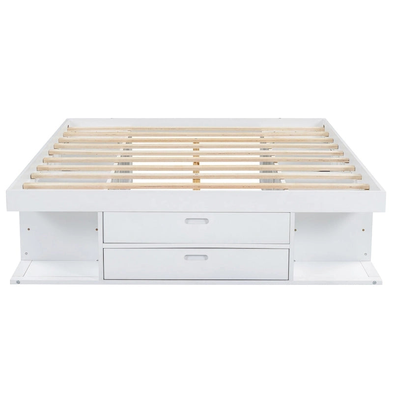 Letto a piattaforma Queen bianco con cassetti contenitore, ripiani aperti e vassoi estraibili