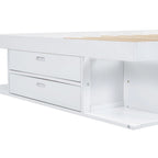 Letto a piattaforma Queen bianco con cassetti contenitore, ripiani aperti e vassoi estraibili