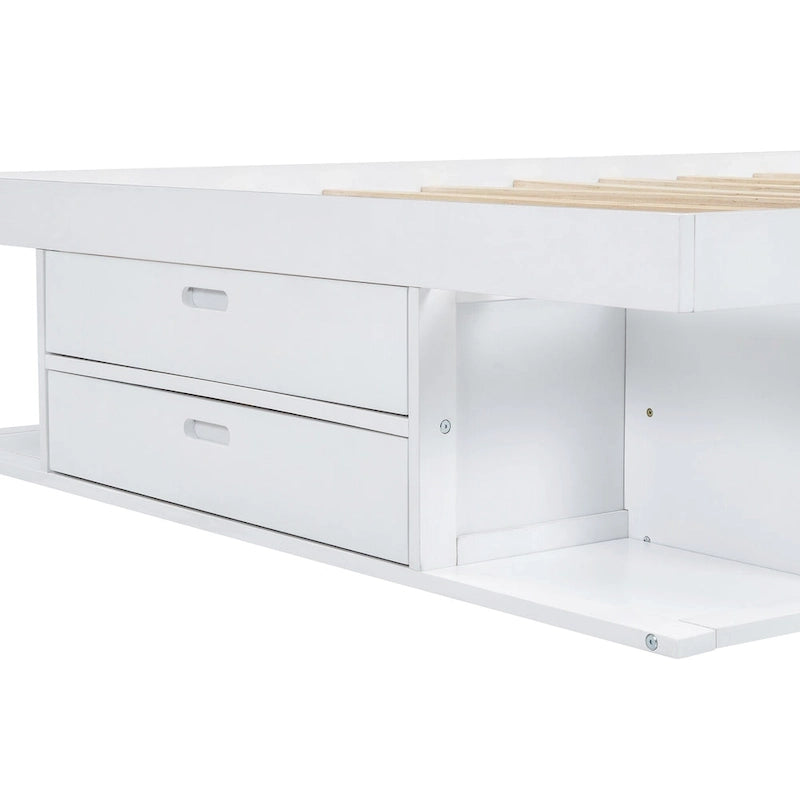 Letto a piattaforma Queen bianco con cassetti contenitore, ripiani aperti e vassoi estraibili