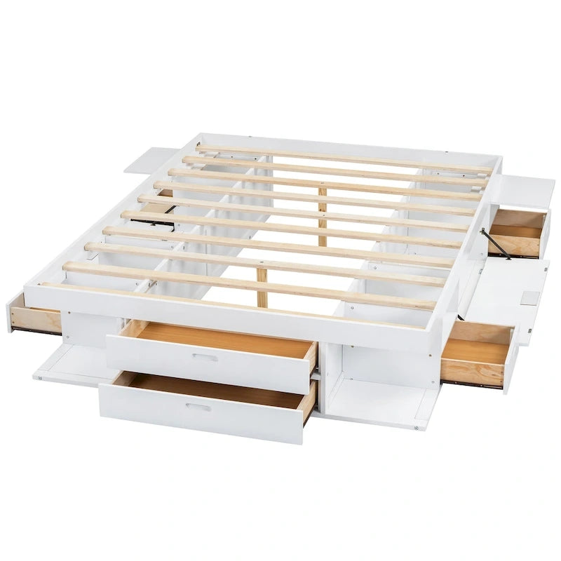 Letto a piattaforma Queen bianco con cassetti contenitore, ripiani aperti e vassoi estraibili
