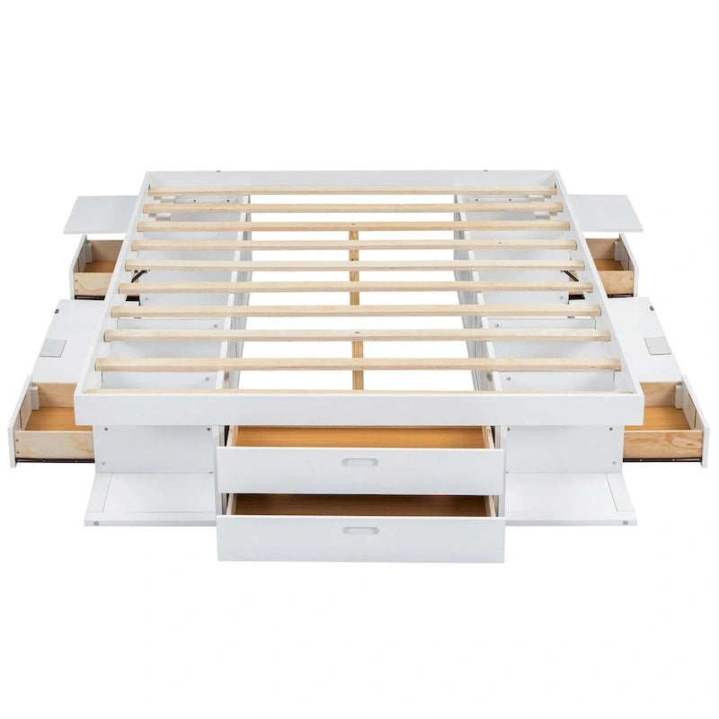 Letto a piattaforma Queen bianco con cassetti contenitore, ripiani aperti e vassoi estraibili