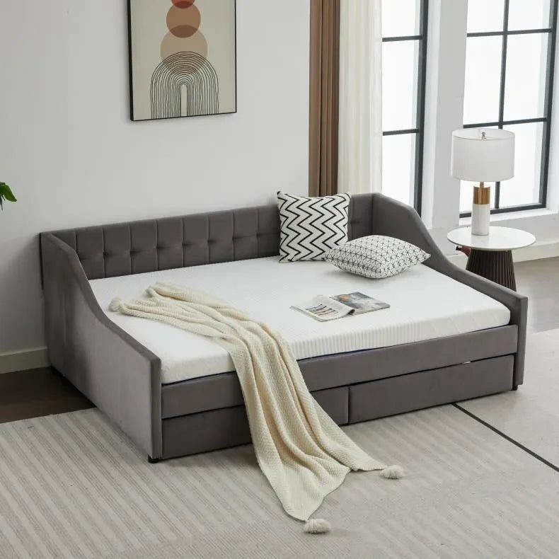 Daybed singolo in cotone imbottito a righe grigie/beige con cassetti contenitore, 1 posto a sedere e per dormire