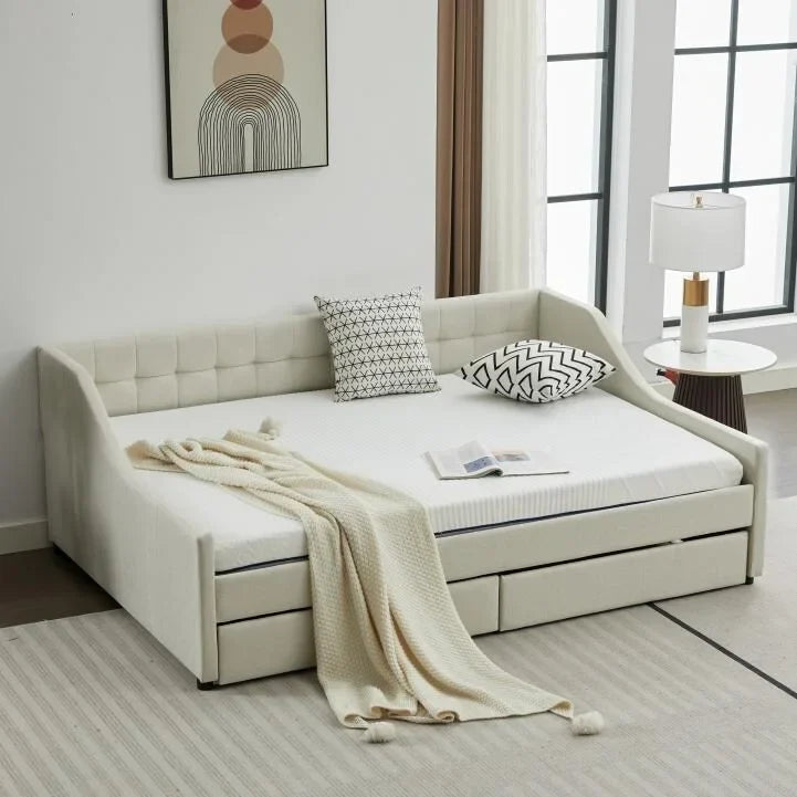 Daybed singolo in cotone imbottito a righe grigie/beige con cassetti contenitore, 1 posto a sedere e per dormire
