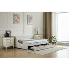 Daybed singolo in cotone imbottito a righe grigie/beige con cassetti contenitore, 1 posto a sedere e per dormire
