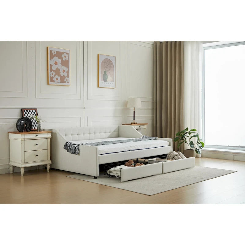 Daybed singolo in cotone imbottito a righe grigie/beige con cassetti contenitore, 1 posto a sedere e per dormire