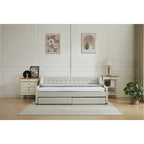 Daybed singolo in cotone imbottito a righe grigie/beige con cassetti contenitore, 1 posto a sedere e per dormire