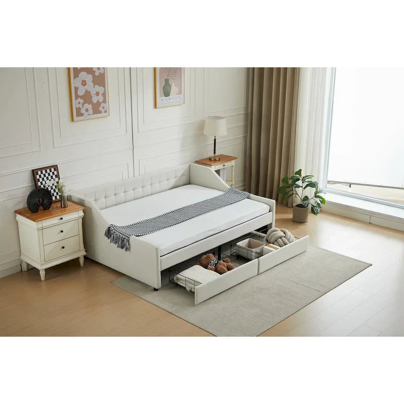 Daybed singolo in cotone imbottito a righe grigie/beige con cassetti contenitore, 1 posto a sedere e per dormire