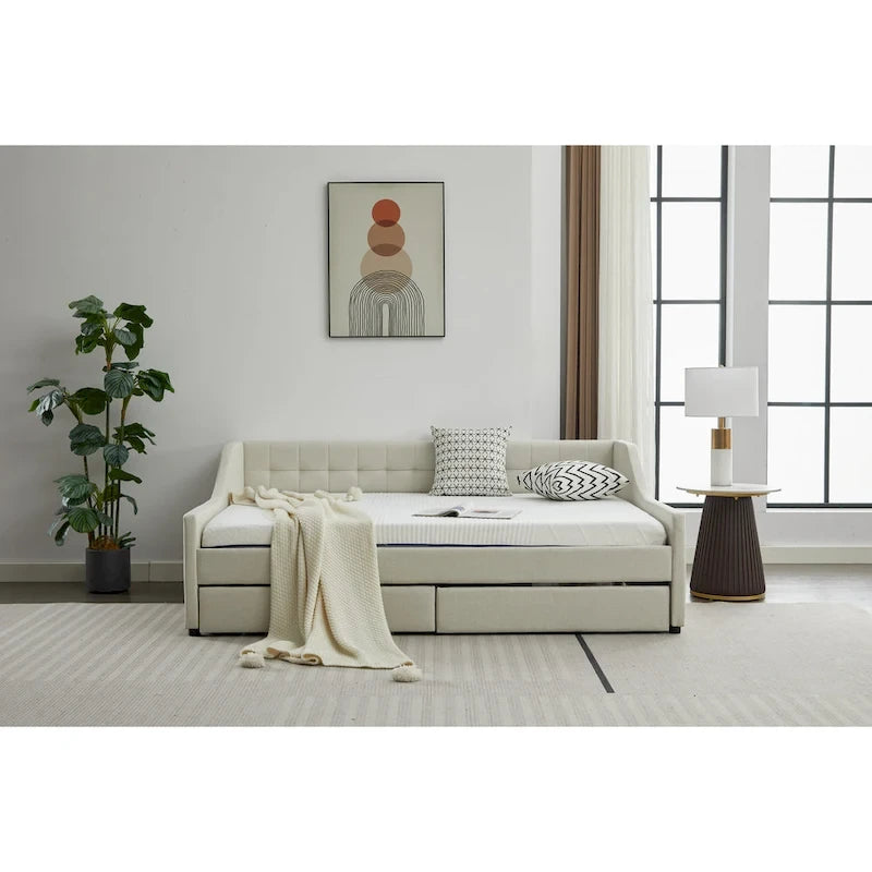 Daybed singolo in cotone imbottito a righe grigie/beige con cassetti contenitore, 1 posto a sedere e per dormire
