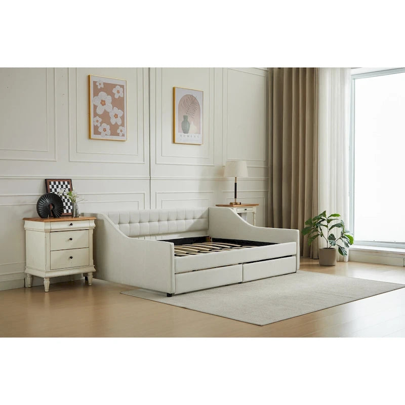 Daybed singolo in cotone imbottito a righe grigie/beige con cassetti contenitore, 1 posto a sedere e per dormire