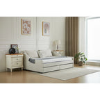 Daybed singolo in cotone imbottito a righe grigie/beige con cassetti contenitore, 1 posto a sedere e per dormire