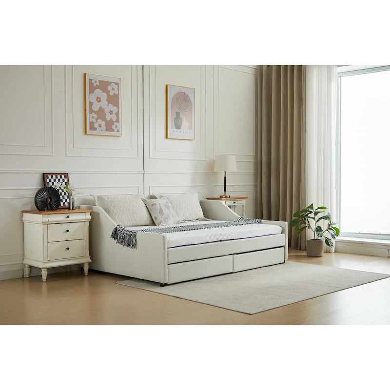 Daybed singolo in cotone imbottito a righe grigie/beige con cassetti contenitore, 1 posto a sedere e per dormire