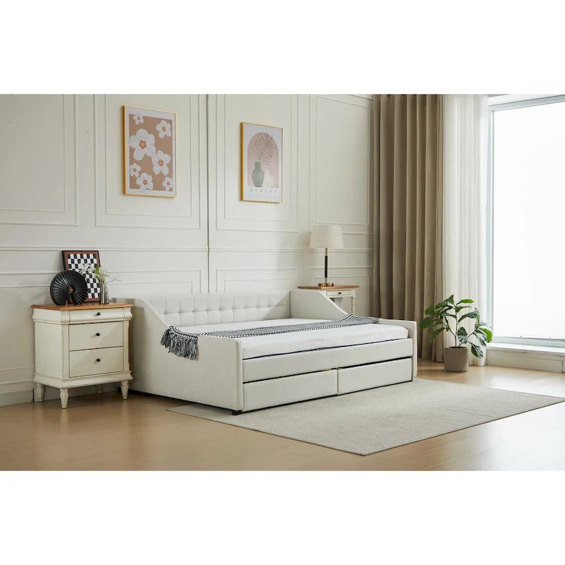 Daybed singolo in cotone imbottito a righe grigie/beige con cassetti contenitore, 1 posto a sedere e per dormire