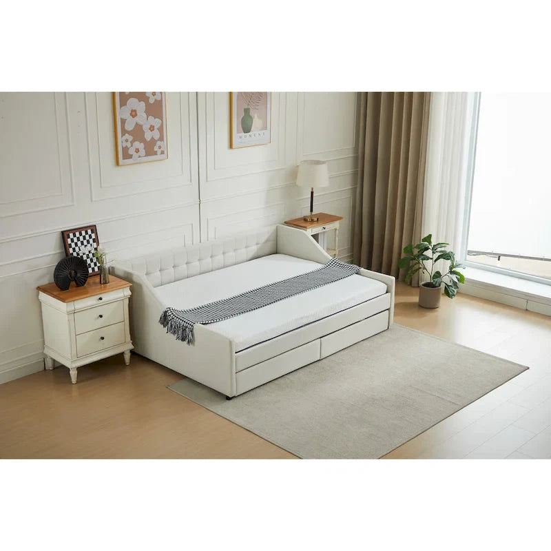 Daybed singolo in cotone imbottito a righe grigie/beige con cassetti contenitore, 1 posto a sedere e per dormire
