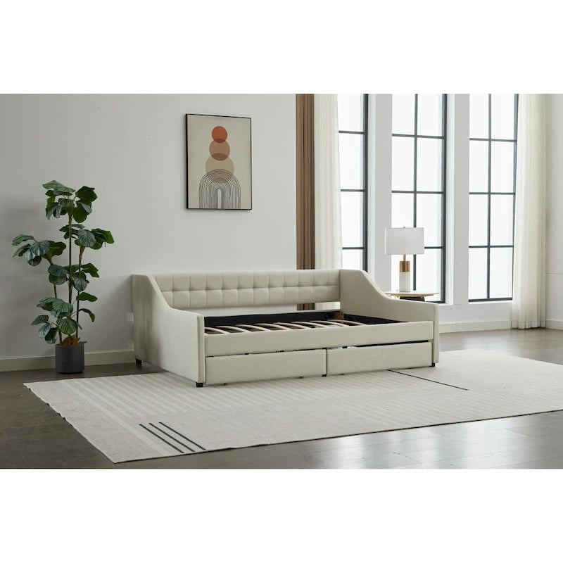 Daybed singolo in cotone imbottito a righe grigie/beige con cassetti contenitore, 1 posto a sedere e per dormire