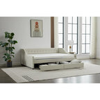 Daybed singolo in cotone imbottito a righe grigie/beige con cassetti contenitore, 1 posto a sedere e per dormire