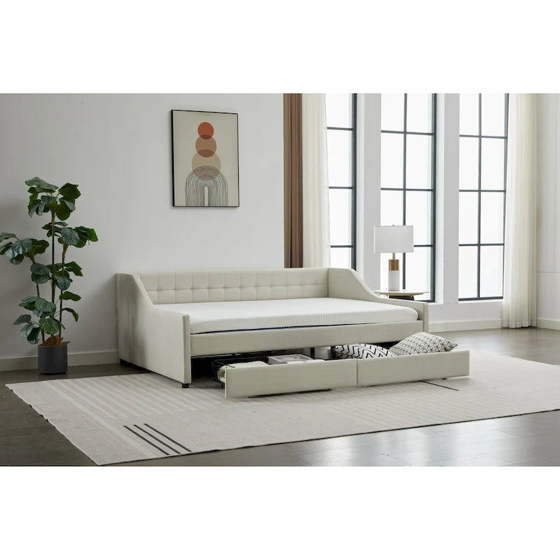 Daybed singolo in cotone imbottito a righe grigie/beige con cassetti contenitore, 1 posto a sedere e per dormire