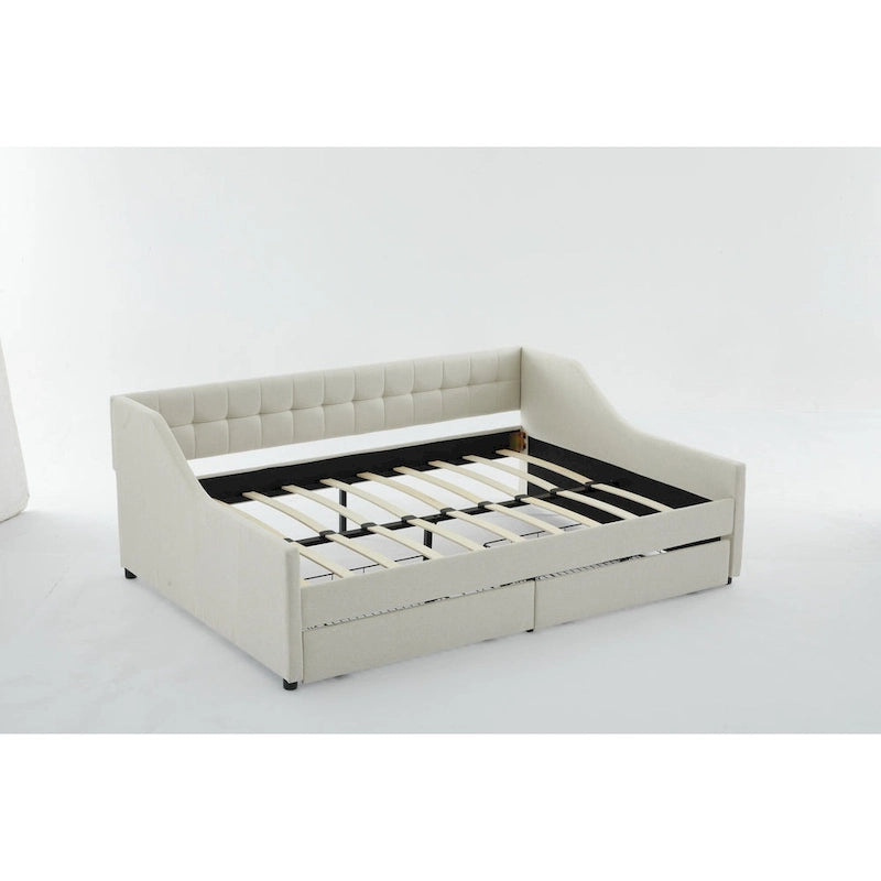 Daybed singolo in cotone imbottito a righe grigie/beige con cassetti contenitore, 1 posto a sedere e per dormire