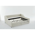Daybed singolo in cotone imbottito a righe grigie/beige con cassetti contenitore, 1 posto a sedere e per dormire