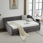 Daybed singolo in cotone imbottito a righe grigie/beige con cassetti contenitore, 1 posto a sedere e per dormire
