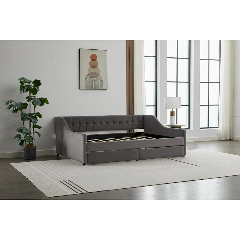 Daybed singolo in cotone imbottito a righe grigie/beige con cassetti contenitore, 1 posto a sedere e per dormire