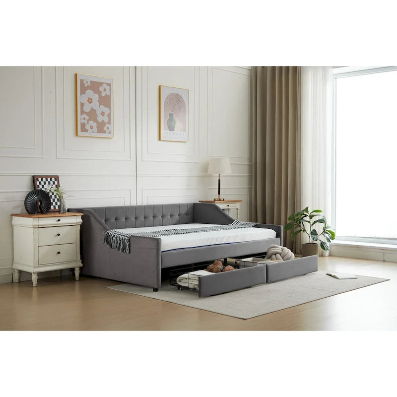 Daybed singolo in cotone imbottito a righe grigie/beige con cassetti contenitore, 1 posto a sedere e per dormire