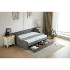 Daybed singolo in cotone imbottito a righe grigie/beige con cassetti contenitore, 1 posto a sedere e per dormire