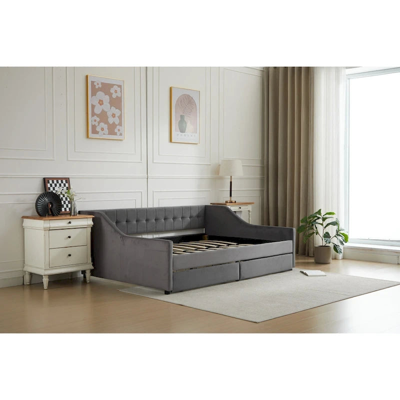 Daybed singolo in cotone imbottito a righe grigie/beige con cassetti contenitore, 1 posto a sedere e per dormire