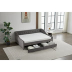 Daybed singolo in cotone imbottito a righe grigie/beige con cassetti contenitore, 1 posto a sedere e per dormire