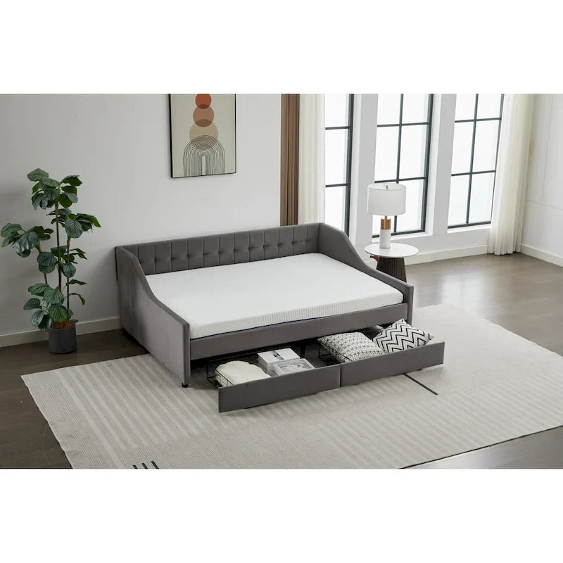Daybed singolo in cotone imbottito a righe grigie/beige con cassetti contenitore, 1 posto a sedere e per dormire
