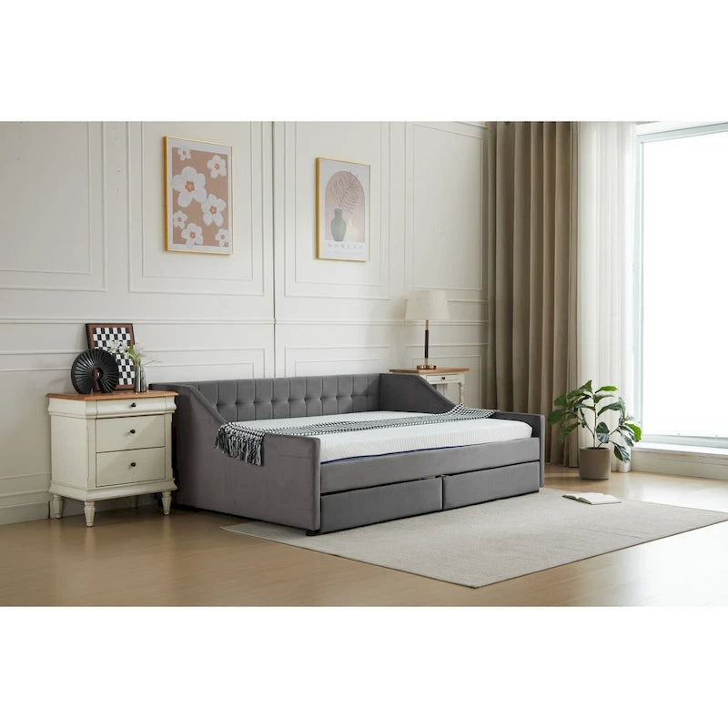Daybed singolo in cotone imbottito a righe grigie/beige con cassetti contenitore, 1 posto a sedere e per dormire