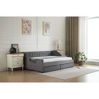 Daybed singolo in cotone imbottito a righe grigie/beige con cassetti contenitore, 1 posto a sedere e per dormire
