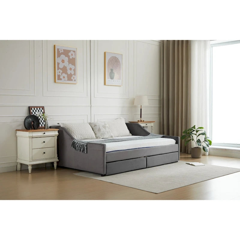 Daybed singolo in cotone imbottito a righe grigie/beige con cassetti contenitore, 1 posto a sedere e per dormire