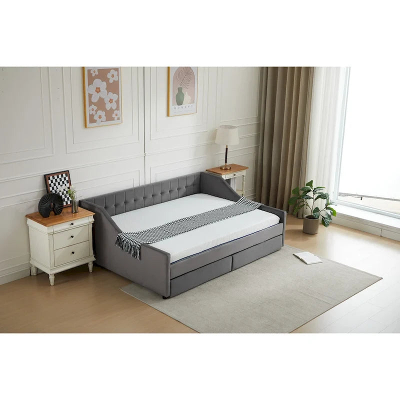 Daybed singolo in cotone imbottito a righe grigie/beige con cassetti contenitore, 1 posto a sedere e per dormire