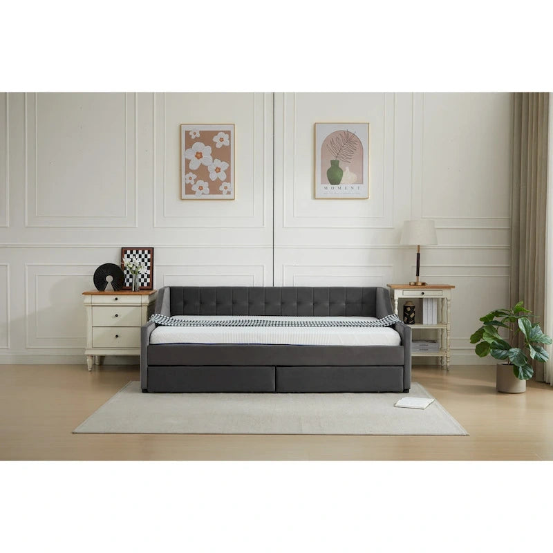 Daybed singolo in cotone imbottito a righe grigie/beige con cassetti contenitore, 1 posto a sedere e per dormire