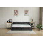 Daybed singolo in cotone imbottito a righe grigie/beige con cassetti contenitore, 1 posto a sedere e per dormire