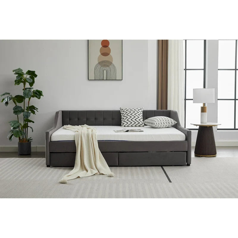 Daybed singolo in cotone imbottito a righe grigie/beige con cassetti contenitore, 1 posto a sedere e per dormire