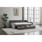 Daybed singolo in cotone imbottito a righe grigie/beige con cassetti contenitore, 1 posto a sedere e per dormire