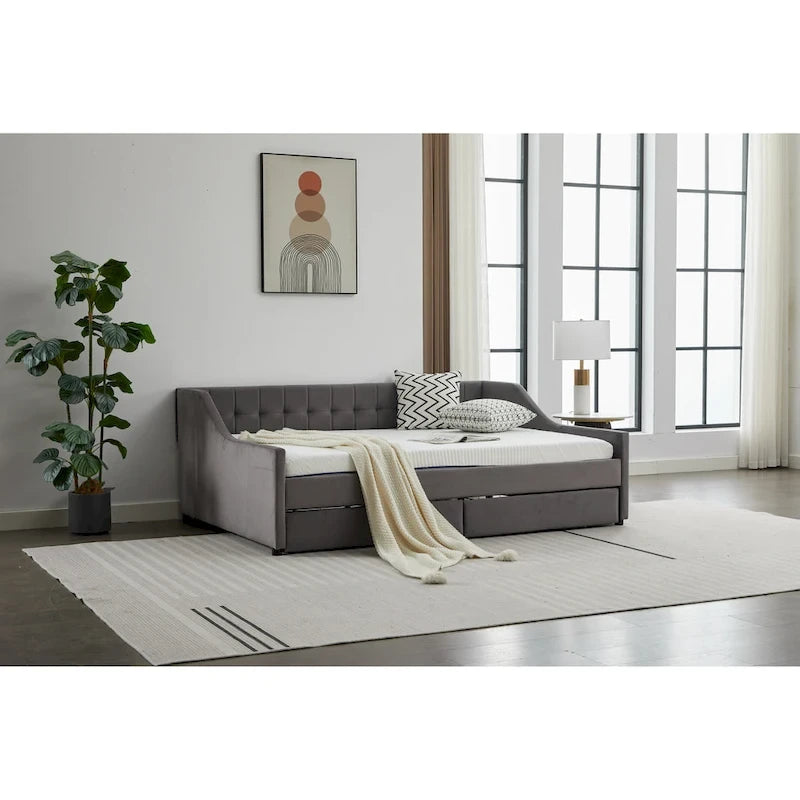 Daybed singolo in cotone imbottito a righe grigie/beige con cassetti contenitore, 1 posto a sedere e per dormire
