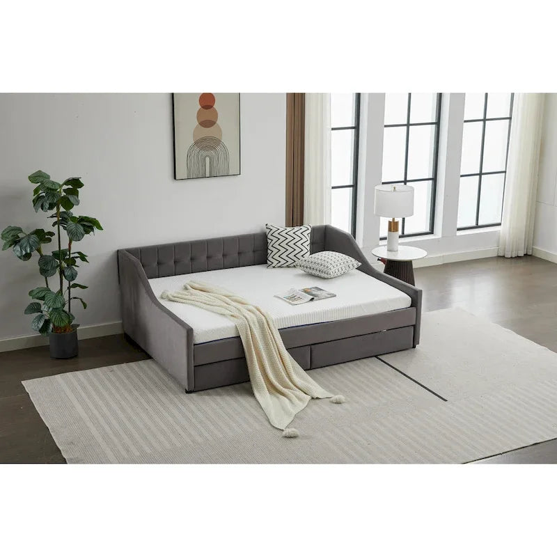 Daybed singolo in cotone imbottito a righe grigie/beige con cassetti contenitore, 1 posto a sedere e per dormire