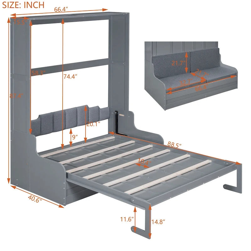 Letto a Scomparsa Matrimoniale Queen con Cuscino per Sedia – Espresso / Grigio / Bianco, 2 posti letto